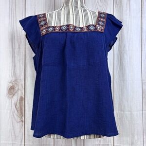 Xhilaration Top Embroidered Boho Aztec Blousy Flowy Flutter Sleeves Navy Large
